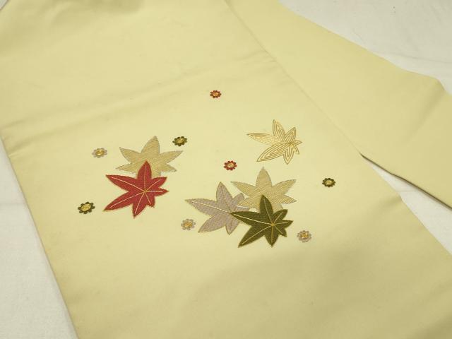 平和屋着物●塩瀬　九寸名古屋帯　駒刺繍　総刺繍　舞楓文　金糸　正絹　逸品　DABE1106op