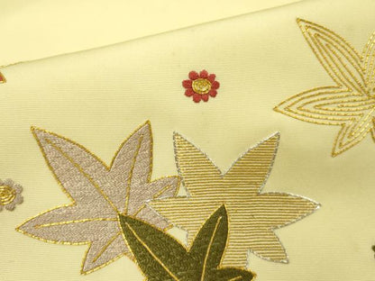 平和屋着物●塩瀬　九寸名古屋帯　駒刺繍　総刺繍　舞楓文　金糸　正絹　逸品　DABE1106op
