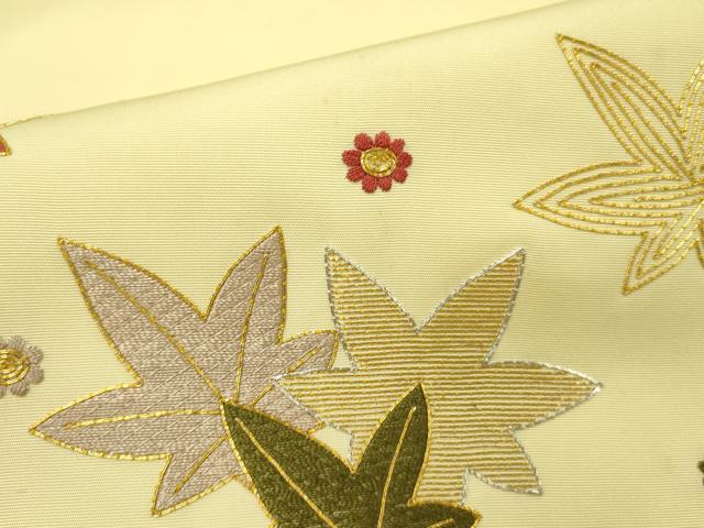 平和屋着物●塩瀬　九寸名古屋帯　駒刺繍　総刺繍　舞楓文　金糸　正絹　逸品　DABE1106op