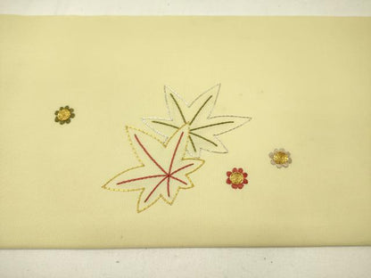 平和屋着物●塩瀬　九寸名古屋帯　駒刺繍　総刺繍　舞楓文　金糸　正絹　逸品　DABE1106op