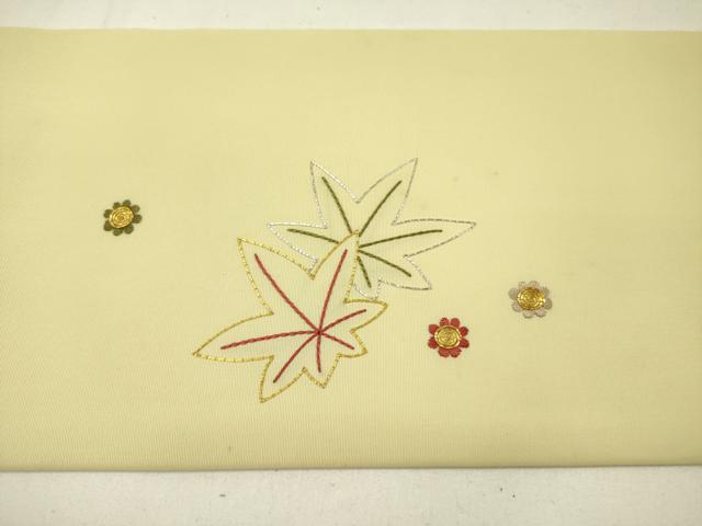 平和屋着物●塩瀬　九寸名古屋帯　駒刺繍　総刺繍　舞楓文　金糸　正絹　逸品　DABE1106op