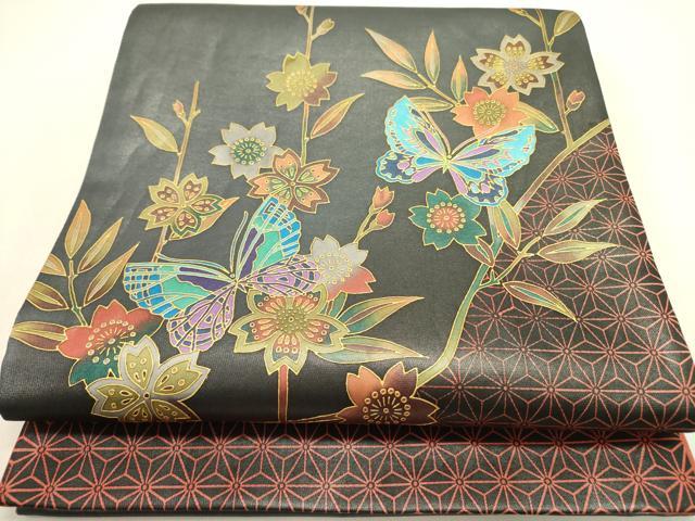 平和屋着物●染色作家　斉藤三才　太鼓柄袋帯　舞蝶花文　金彩　引箔　正絹　逸品　DABE1172op