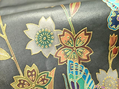 平和屋着物●染色作家　斉藤三才　太鼓柄袋帯　舞蝶花文　金彩　引箔　正絹　逸品　DABE1172op