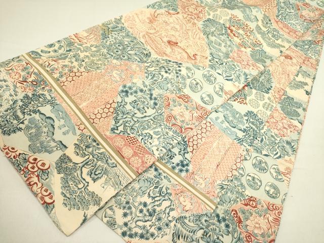 平和屋着物●アンティーク　大正ロマン　丸帯　風景人物花文　正絹　逸品　DABE1189op