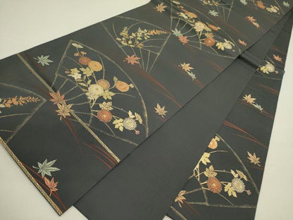 平和屋着物●西陣　六通柄袋帯　扇面花文　金糸　正絹　逸品　未使用　DABE1191op