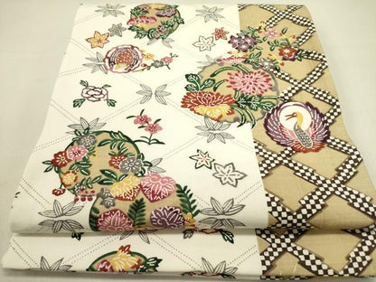 平和屋着物●全通柄袋帯　紬地　紅型　花鳥文　正絹　逸品　DABE1192op