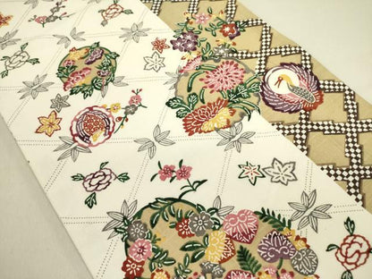 平和屋着物●全通柄袋帯　紬地　紅型　花鳥文　正絹　逸品　DABE1192op