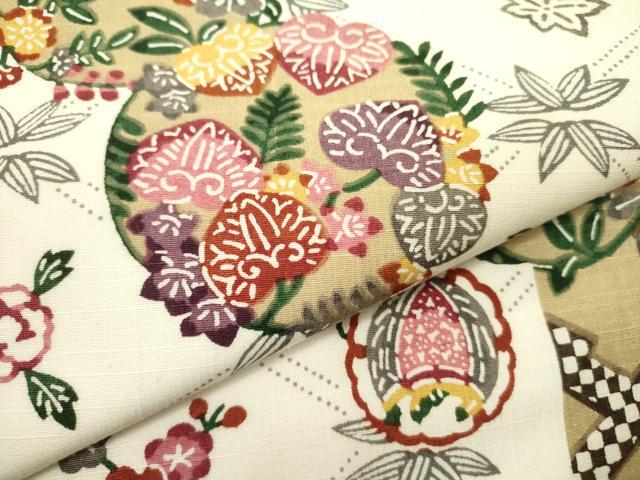 平和屋着物●全通柄袋帯　紬地　紅型　花鳥文　正絹　逸品　DABE1192op
