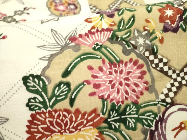 平和屋着物●全通柄袋帯　紬地　紅型　花鳥文　正絹　逸品　DABE1192op