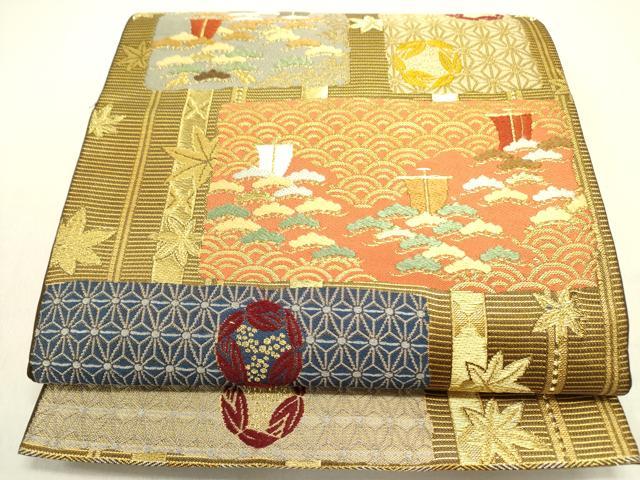 平和屋着物●西陣　紫幸織　六通柄　本袋帯　唐織　抄伝秘青永　金糸　正絹　逸品　DABE1196op