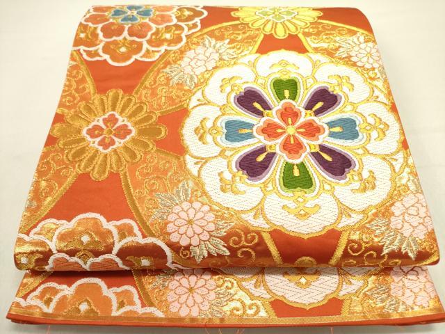 平和屋着物▼六通柄袋帯　唐織　七宝花文　金糸　正絹　逸品　DABE1209op