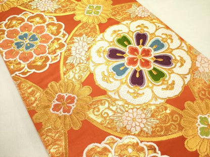 平和屋着物▼六通柄袋帯　唐織　七宝花文　金糸　正絹　逸品　DABE1209op