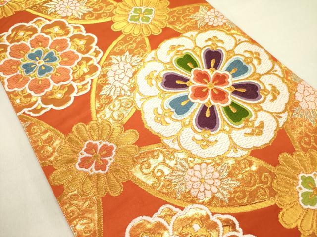 平和屋着物▼六通柄袋帯　唐織　七宝花文　金糸　正絹　逸品　DABE1209op