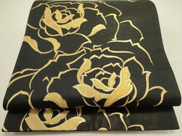 平和屋着物●六通柄袋帯　薔薇　バラ　黒地　金糸　正絹　逸品　DABE1228op