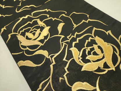 平和屋着物●六通柄袋帯　薔薇　バラ　黒地　金糸　正絹　逸品　DABE1228op