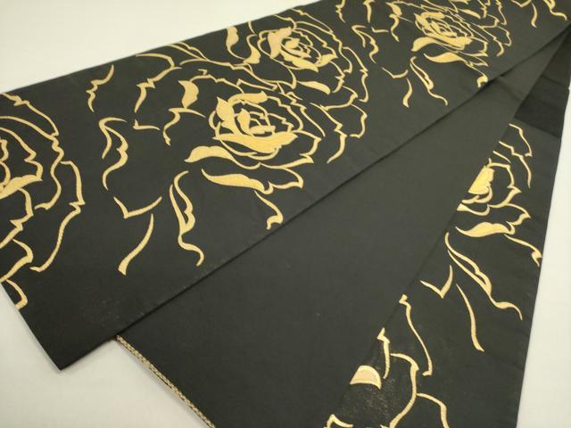平和屋着物●六通柄袋帯　薔薇　バラ　黒地　金糸　正絹　逸品　DABE1228op