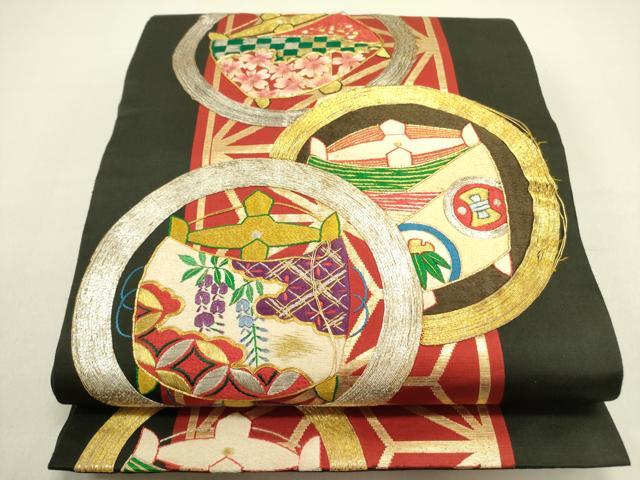 平和屋着物●アンティーク　大正ロマン　太鼓柄京袋帯　駒刺繍　糸車花文　黒地　金糸　正絹　逸品　DABE1230op
