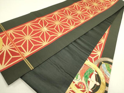 平和屋着物●アンティーク　大正ロマン　太鼓柄京袋帯　駒刺繍　糸車花文　黒地　金糸　正絹　逸品　DABE1230op