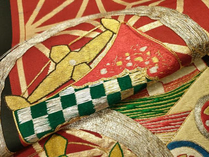 平和屋着物●アンティーク　大正ロマン　太鼓柄京袋帯　駒刺繍　糸車花文　黒地　金糸　正絹　逸品　DABE1230op