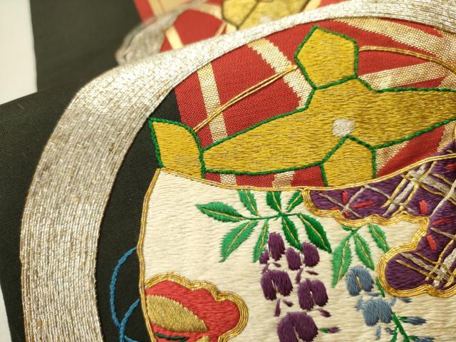 平和屋着物●アンティーク　大正ロマン　太鼓柄京袋帯　駒刺繍　糸車花文　黒地　金糸　正絹　逸品　DABE1230op