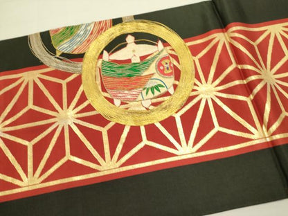 平和屋着物●アンティーク　大正ロマン　太鼓柄京袋帯　駒刺繍　糸車花文　黒地　金糸　正絹　逸品　DABE1230op