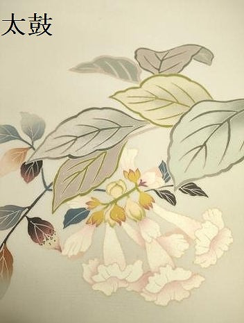平和屋着物●塩瀬　九寸名古屋帯　友禅　草花　正絹　逸品　DABE1236op