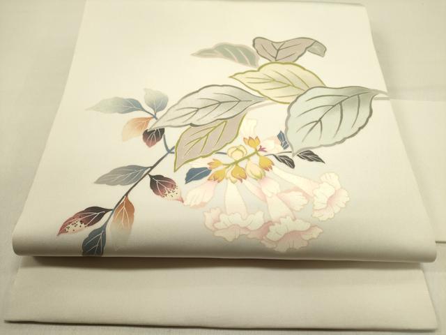 平和屋着物●塩瀬　九寸名古屋帯　友禅　草花　正絹　逸品　DABE1236op
