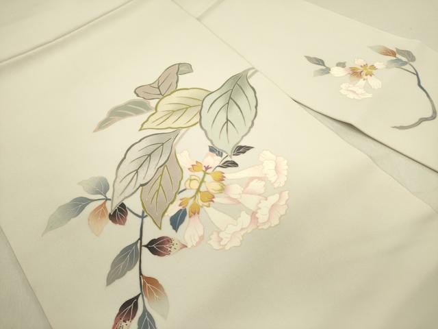 平和屋着物●塩瀬　九寸名古屋帯　友禅　草花　正絹　逸品　DABE1236op