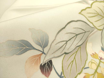 平和屋着物●塩瀬　九寸名古屋帯　友禅　草花　正絹　逸品　DABE1236op