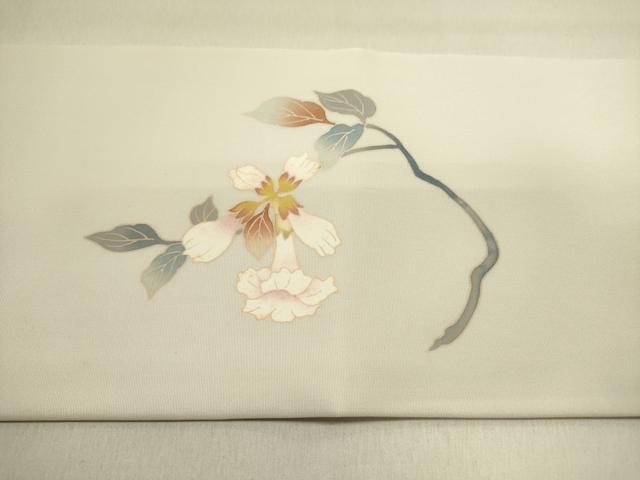 平和屋着物●塩瀬　九寸名古屋帯　友禅　草花　正絹　逸品　DABE1236op