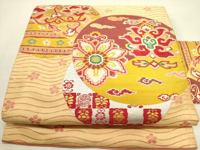 平和屋着物●アンティーク　大正ロマン　九寸名古屋帯　唐織　更紗花文　金糸　正絹　逸品　DABE1239op