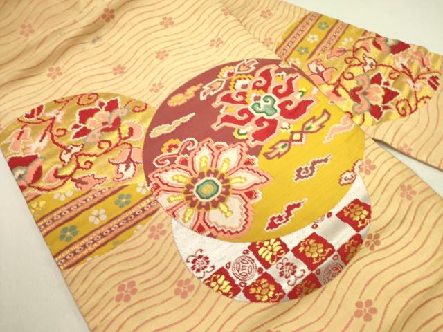 平和屋着物●アンティーク　大正ロマン　九寸名古屋帯　唐織　更紗花文　金糸　正絹　逸品　DABE1239op