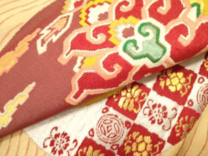 平和屋着物●アンティーク　大正ロマン　九寸名古屋帯　唐織　更紗花文　金糸　正絹　逸品　DABE1239op