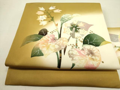 平和屋着物●塩瀬　九寸名古屋帯　作家物　草花　ろうけつ染め　逸品　DABE1245op