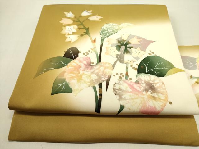 平和屋着物●塩瀬　九寸名古屋帯　作家物　草花　ろうけつ染め　逸品　DABE1245op