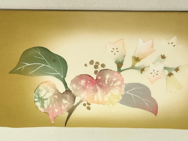平和屋着物●塩瀬　九寸名古屋帯　作家物　草花　ろうけつ染め　逸品　DABE1245op