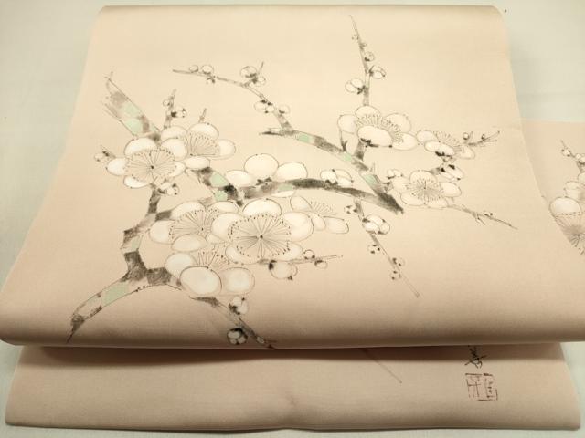 平和屋着物●塩瀬　九寸名古屋帯　作家物　手描き　枝梅　正絹　逸品　DABE1249op 平和屋着物○塩瀬 九寸名古屋帯 作家物 手描き 枝梅 正絹 逸品