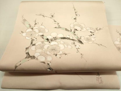 平和屋着物●塩瀬　九寸名古屋帯　作家物　手描き　枝梅　正絹　逸品　DABE1249op