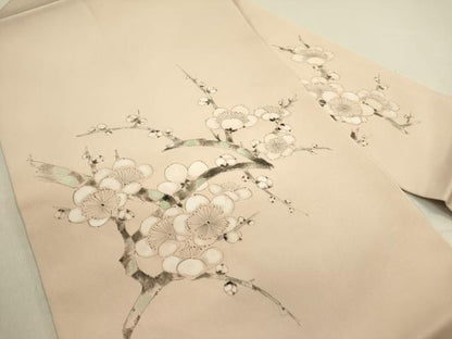 平和屋着物●塩瀬　九寸名古屋帯　作家物　手描き　枝梅　正絹　逸品　DABE1249op