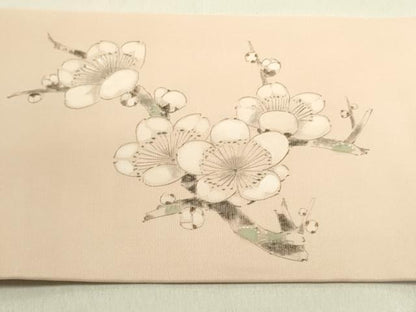 平和屋着物●塩瀬　九寸名古屋帯　作家物　手描き　枝梅　正絹　逸品　DABE1249op
