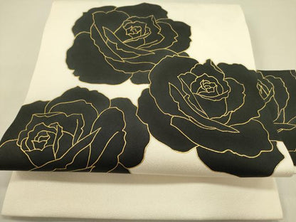 平和屋着物●九寸名古屋帯　薔薇　バラ　金彩　正絹　逸品　DABE1279op