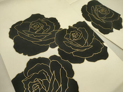 平和屋着物●九寸名古屋帯　薔薇　バラ　金彩　正絹　逸品　DABE1279op