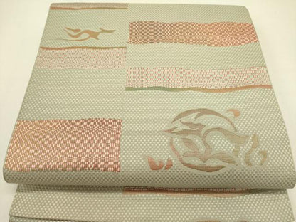 平和屋着物●本場筑前博多織　八寸名古屋帯　横段草花文　正絹　逸品　DABE1280op