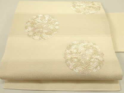 平和屋着物▽九寸名古屋帯　スリーシーズン　春夏秋　唐織　花丸文　金糸　正絹　逸品　DABE1281op