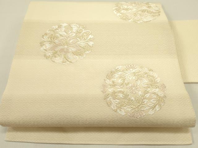平和屋着物▽九寸名古屋帯　スリーシーズン　春夏秋　唐織　花丸文　金糸　正絹　逸品　DABE1281op