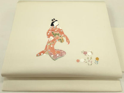 平和屋着物●塩瀬　九寸名古屋帯　人物花文　正絹　逸品　DABE1282op