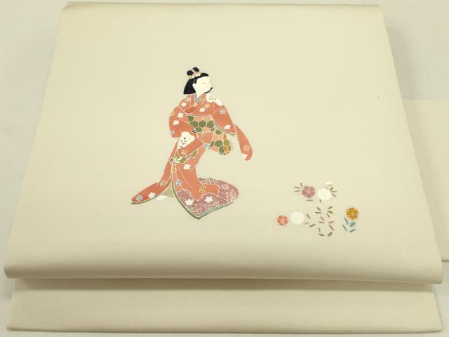 平和屋着物●塩瀬　九寸名古屋帯　人物花文　正絹　逸品　DABE1282op