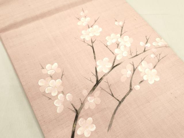平和屋着物●九寸開き名古屋帯　手描き　紬地　枝梅　金彩　正絹　逸品　DABE1286op