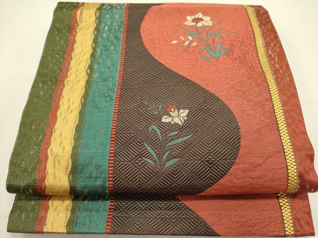 平和屋着物●本場筑前博多織　八寸名古屋帯　草花　金糸　正絹　逸品　未使用　DABE1289op