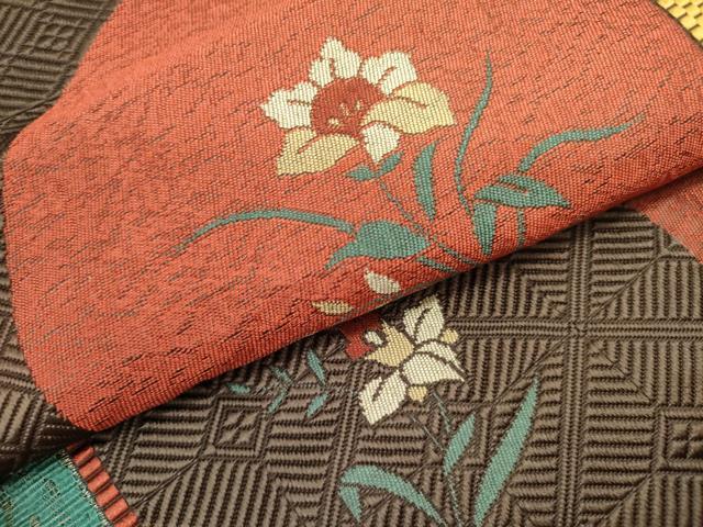 平和屋着物●本場筑前博多織　八寸名古屋帯　草花　金糸　正絹　逸品　未使用　DABE1289op